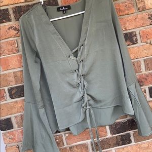 Green silk tie up top with bell sleeve
